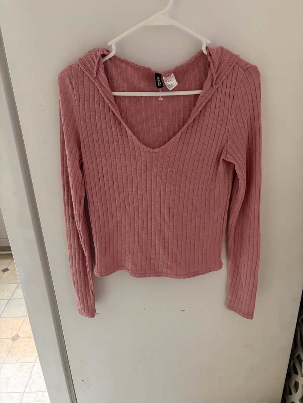 Ribbed V-Neck Hoodie Top - Dusty Rose